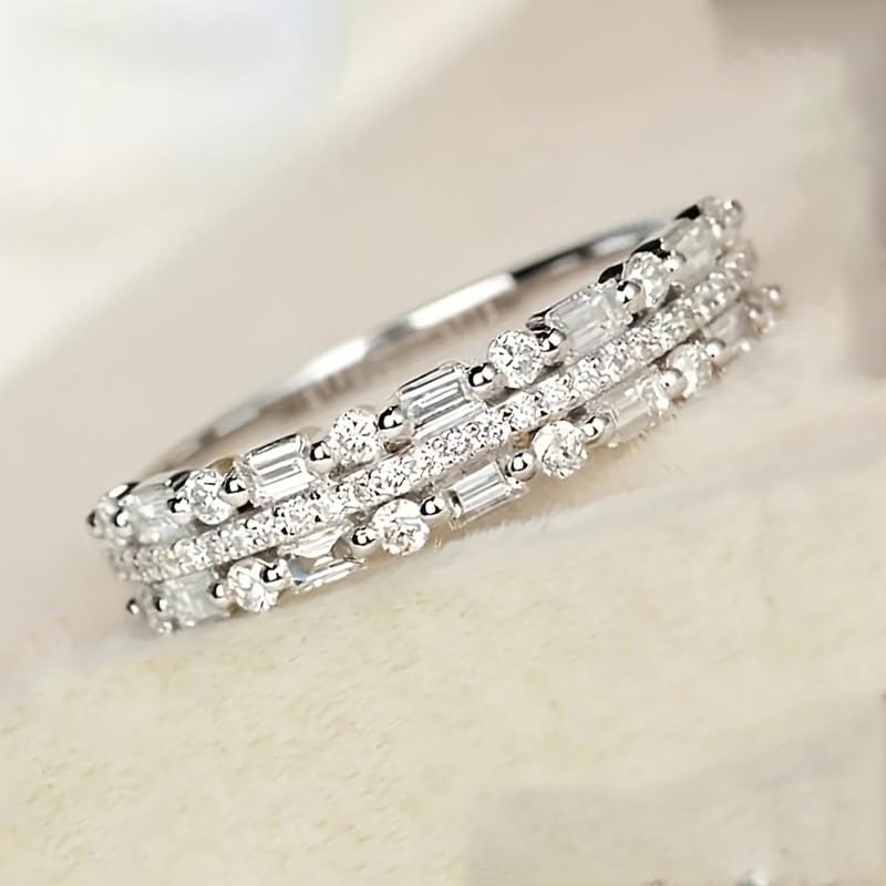 Womens 3 Row Eternity Ring 14K Gold Plated 925 Sterling Silver Rings for Women, Cubic Zirconia Promise Rings for Her, Stackable Wedding Bands Rings for Women 74