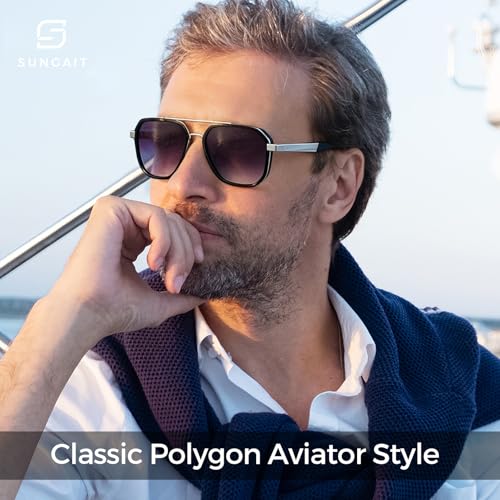 SUNGAIT Polygon Aviator Sunglasses Men Old School Style Adjustable Anti-slip Temples Polarized Lens for Driving Fishing(Matte Blue & Silver Frame/Gray Gradient Lens) — view 2