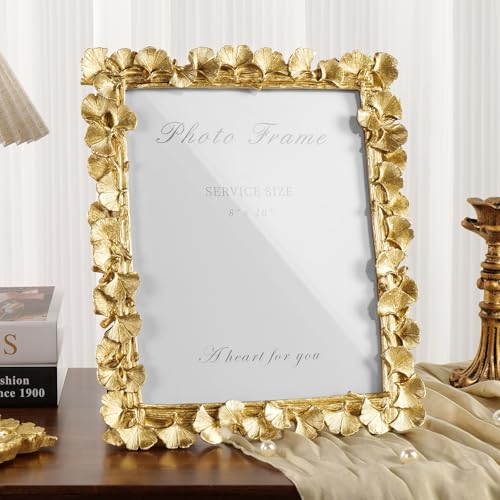 Gold 8x10 Picture Frame, Vintage Ornate Picture Frames Leaf Textured Hand-Crafted Resin with Glass Front, Antique Photo Frame for Tabletop Display, Retro Design Home Decor