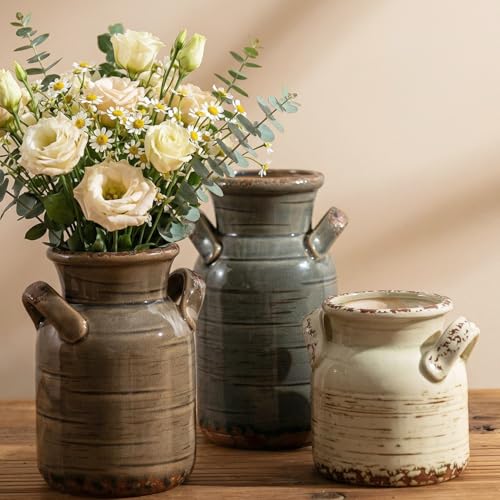 Vintage Ceramic Flower Vase with Handles Set of 3 for Centerpiece,Rustic Farmhouse Decorative Vase for Table Bookshelf Entryway Dresser Console Bathroom Home Decor (Dark Blue & Beige)