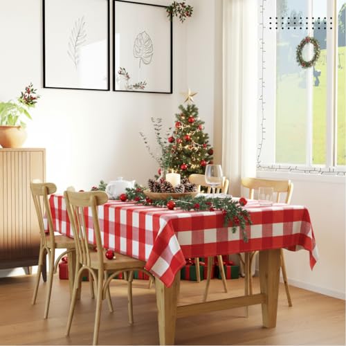 Image of Encasa XO Cotton Rectangular Table Cloth for 4 to 6 Seater | (140x180 cm) | Buffalo Red Checks | Dining Tablecloth for Decoration