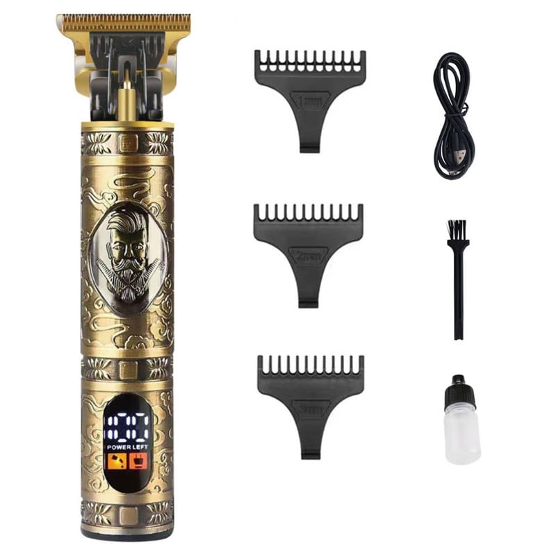 SURKER SK-992A Professional Digital Display Zero Gapped Pro Li Outliner Rechargeable Electric Cordless Hair Clipper Grooming Kit T-Blade Close Cutting 0mm Bald Head Clipper 120 min Runtime, GOLD A