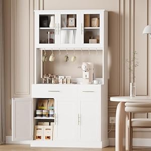 JUMMICO 71″ Pantry Storage Cabinet, Kitchen Hutch Cabinet with Drawers & Adjustable Shelves, Buffet Cabinet with Microwave Stand for Kitchen, Dining Room, White