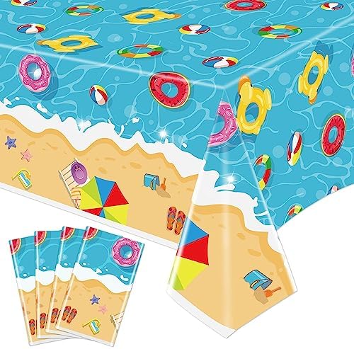 Hegbolke 4 Pack Summer Beach Tablecloths - Hawaiian Reusable Plastic Table Cover for Summer Beach Swimming Pool Birthday Baby Shower Party Decorations, 220 x 130 cm
