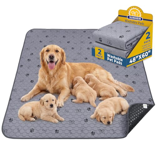 Image of Sunheir Washable Pee Pads for Dogs, 2 Pack 48 inch x 60 inch Waterproof Puppy Pads | Thick, Absorbent, Reusable, Leakproof and Non-Slip, Extra-Large Whelping Mats for Dog Playpens, Crates and Beds