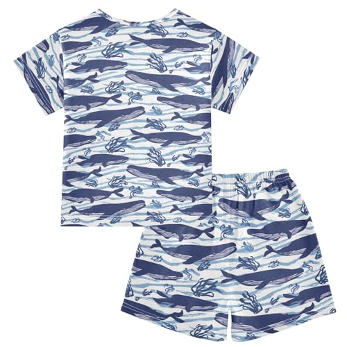 Blue Swimming Whale Pattern Summer Cute Pajama Sets, Short Sets for Daily Wears and Sleep Wears2