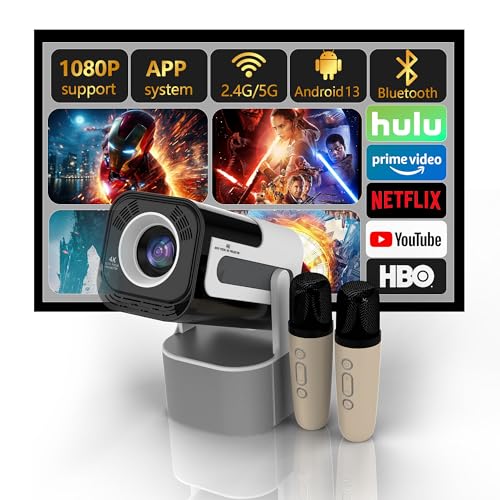 JY320 KTV - Proyector de video portátil con WiFi y Bluetooth, HDMI de 720p, 200 ANSI, altavoz Bluetooth y micrófono, audio estéreo de 10 W, diversión de karaoke, soporte ajustable para entretenimiento