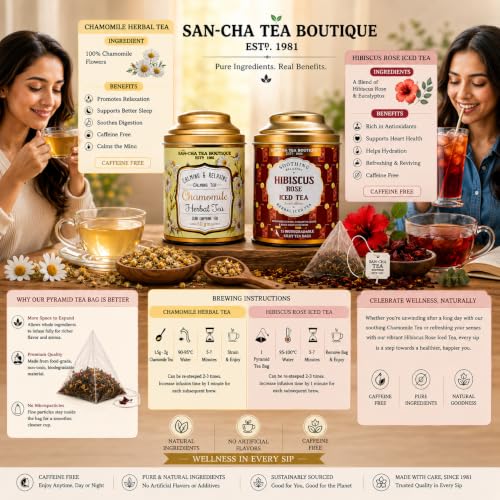 Image of Sancha Tea Boutique, Tea Combo Pack: Chamomile Herbal (50g) & Hibiscus Rose Iced (15 Pyramid Bags), Caffeine-Free Herbal Tisanes, No Added Sugar, Refreshing Floral Iced Drink