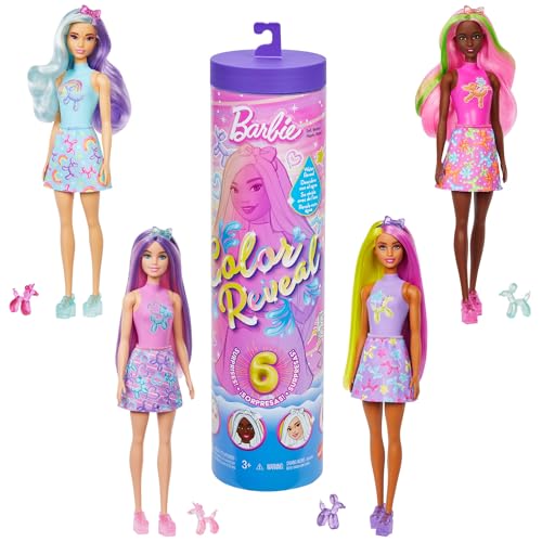 Barbie Color Reveal balões de animais boneca e acessórios com 6 surpresas que incluem mudança de cor e balão de animal em miniatura (os estilos podem variar), JFV58