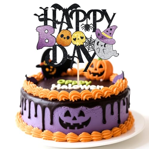 Happy Boo Cake Topper, Halloween Spider Web Boo Cupcake Picks Funny Halloween Birthday Cake Decorations for Party Supplies Baby Shower