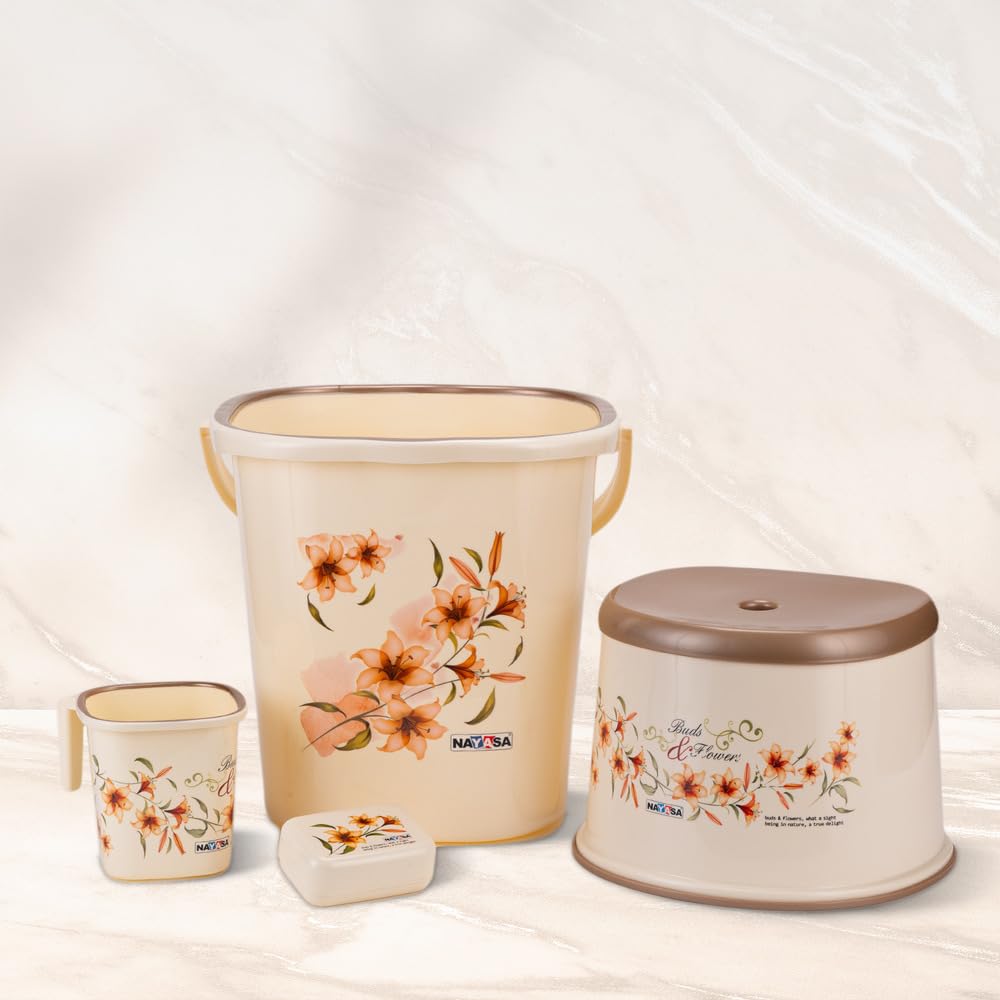 Square Ring Deluxe Plastic Set for Bathroom | 25 Liters Bucket & 1.5 Liters Mug, Bathroom Accessories Set, Bucket, Mug, Stool & Soap Case, Cream - Bathroom Set of 4