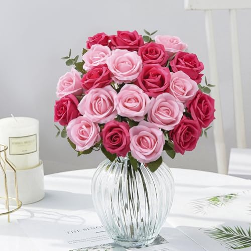 Pyopbow 20PCS Artificial Roses with Long Stems - Realistic Silk Flowers, Fake Roses Real Touch Bouquet Roses for Valentine's Day, Home Decor, Bridal Wedding, Faux Rose Flowers (Hot Pink&Pink)