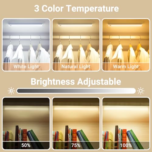 Image of Under Cabinet Lights, Motion Sensor Magnetic LED Light, 8 inch 1000mAh Rechargeable Battery Dimmable Lights with 3 Color Temps, Indoor Wireless Lighting for Kitchen, Closet, Pantry, Counter, 2 Pack