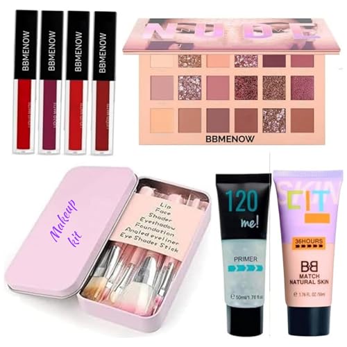 Image of BBMENOW Professional Makeup Combo Kit with Nude Eyeshadow Palette, Liquid Matte Lipsticks, Makeup Brush Set, Face Primer & Matte Foundation - Complete Beauty Kit for Women