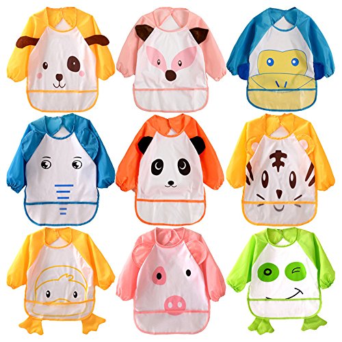HaimoBurg Pack de 9 Baberos Impermeable PEVA de Manga Larga Para Bebé Niños Niñas 3 meses a 3 años