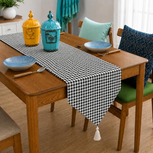 Image of STITCHNEST 'Nomad Weave Collection' Jacquard Table Runner 13x72 Inches| Tassel Finish | Modern Dining Table Decor