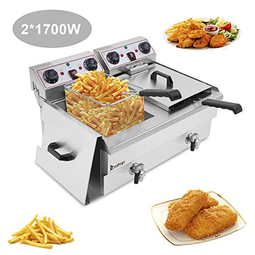 24.9QT Electric Oil Fryer,Commercial Deep Fryer with Basket,16.9QT / 16L Total Capacity 23.6L Stainless Steel Faucet Double Tank Deep Fryer 3400W MAX (8L 8L Big Blue/Large Handle)