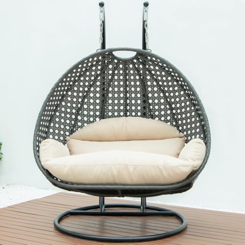 Image of Double Seater Hammock Swing Chair with Stand & Cushion | Heavy Duty Powder Coated Steel Frame | Outdoor Indoor Hanging Swing for Patio Balcony Garden Terrace Living Room (Grey-Honey)