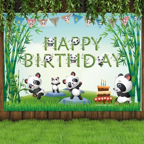 Cartoon Panda Happy Birthday Backdrop Green Bamboo Cute Kitten Theme Baby Shower Photo Banner Decoration for Children Newborn Party Decorations Cake Table Deco Supplies 7x5ft by QIEXI - Image 8
