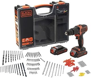 Black+Decker Akku-Schlagbohrschrauber (18V 1,5Ah, mit 2-Gang Getriebe, variable Drehmomentvorwahl, Softgriff, Doppelbit, inkl. 160tlg. Zubehör im hochwertigen Koffer) BDCHD18BOA