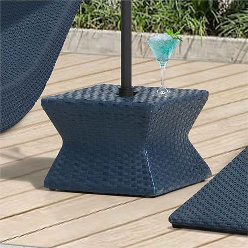 Sunjoy Outdoor Side Table with Umbrella Hole, Poolside 16-Inch Rattan Wicker Square Combination Umbrella Stand Side Table, Navy