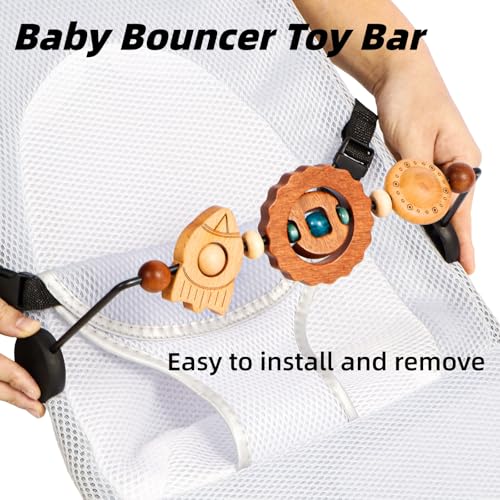 Image of Baby Bouncer Toy Bar Compatible with Baby Bjorn Bouncer, with Wooden Toys in Flying Saucer, Spaceship, and Planet Shapes to Stimulate Baby's Curiosity and Desire to Explore