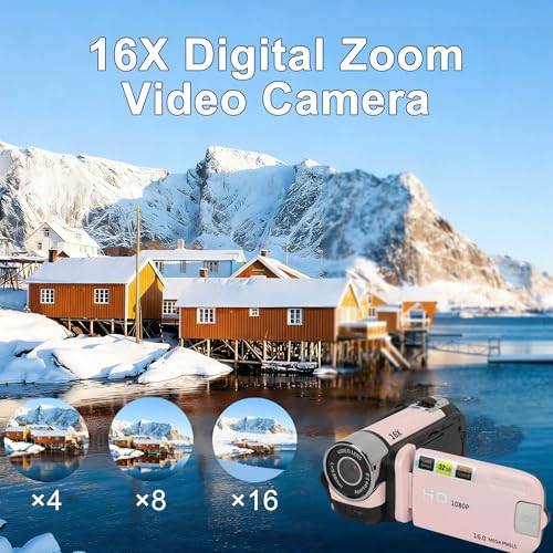 Camcorder Video Camera, 1080P 16MP DV Digital Camera, 2.4 Inch Recorder 270° Degrees, 16X Kids Vlogging Video Camer with Fill Light & 16GB SD Card for Travel Recording(Pink) - Image 6