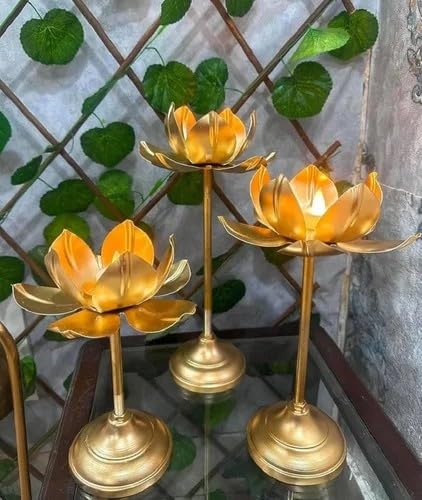 Beautiful Golden Metal Shape Tealight Candle Holder for Festival Diwali Home Decoration Table Diya Center Pieces Decorative Items for Living Room Set of 3-image-28