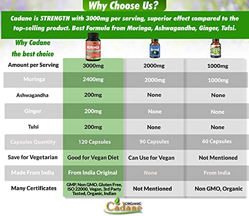 Organic Moringa Powder Capsules 3000Mg With Ashwagandha, Ginger, Holy Basil Tulsi - Energy Booster, Immune Support - Oleifera Leaf Powder Herb Supplements, 120 Capsules #TOP2