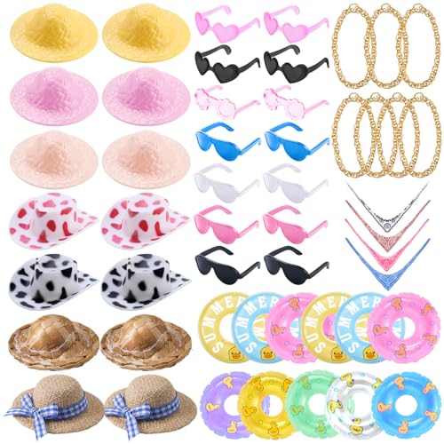 Poen 50 Pcs Rubber Flamingo Ducks Accessories DIY Accessories to Wear for 2in Ducks Cowgirl Hats Sunglasses Gold Bandana Bibs Swim Chain Various Style for Summer Birthday Swimming Party