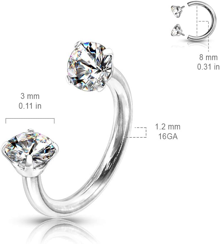 Amelia Fashion 16 Gauge Prong Set Round CZ Internally Threaded Circular Barbell/Horseshoe 316L Surgical Stainelss Steel (Choose Color)