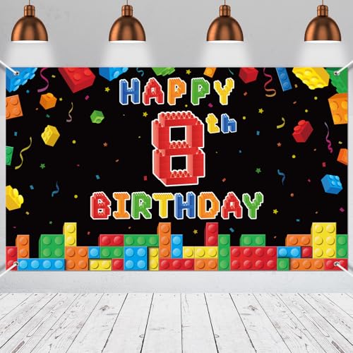 Panelee Building Block Birthday Banner Building Blocks Party Backdrop Decoration Happy Birthday Banner Photography Background for Party, 72.8 x 43.3 Inch(Black,8th)