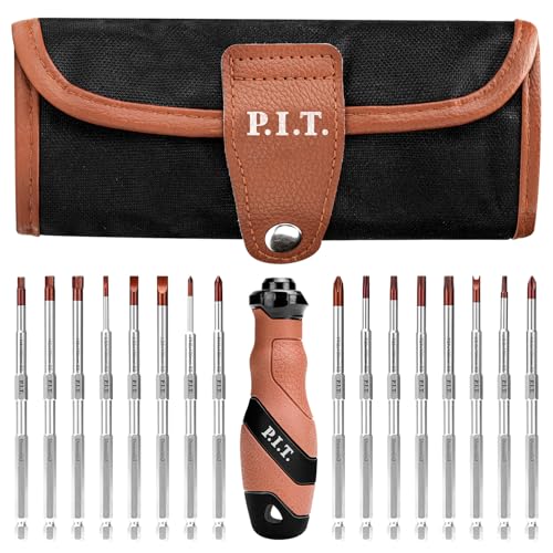 P.I.T. Screwdriver Set, 16-in-1 Impact Rated Screwdriver with Interchangeable Blades, 1/4” Hex-Shank S2 Steel Hex Bits Set, Long Allen Wrench Drill Bit, Phillips, Slotted, Square, Torx Bits