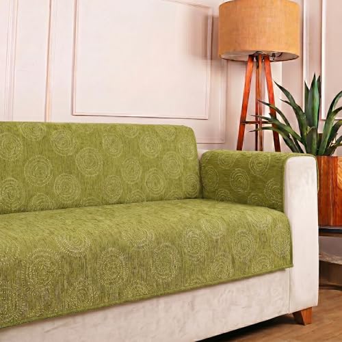 Image of STITCHNEST 'Opulence Series' Floral Woven Sofa Cover for 2 Seater | Premium Soft Fabric Sofa Protector | Green Circular Pattern with Tassel Edge Finish | Durable Living Room Furniture Cover