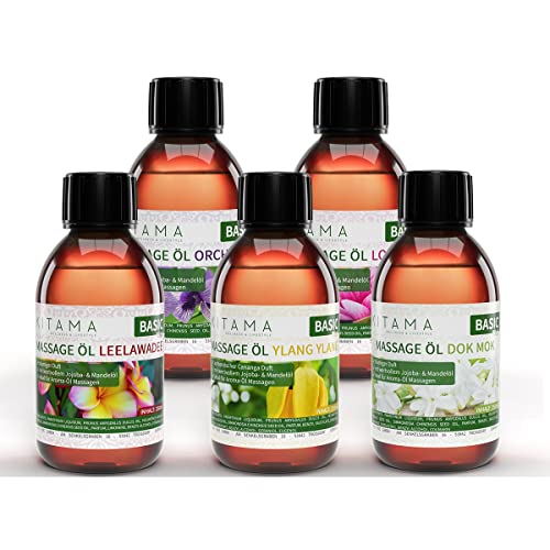 Kitama Massageöl Thai Aroma Set 5 x 250ml - Aroma Dok Mok, Leelawadee, Orchidee, Lotus & Ylang Ylang - Aroma-Öl Haut-Öl Pflege-Öl