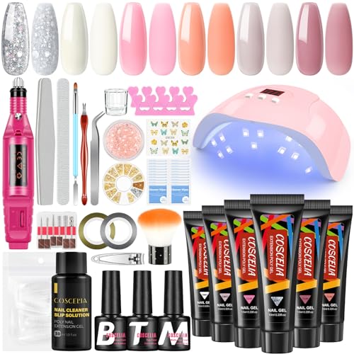 COSCELIA Kit Poli Estensione Gel 6pz con 36W Lampada LED/UV, Set Gel Ricostruzione Unghie e Slip Solution 30ml, Fresa per Unghie Nail Art Kit Professionale