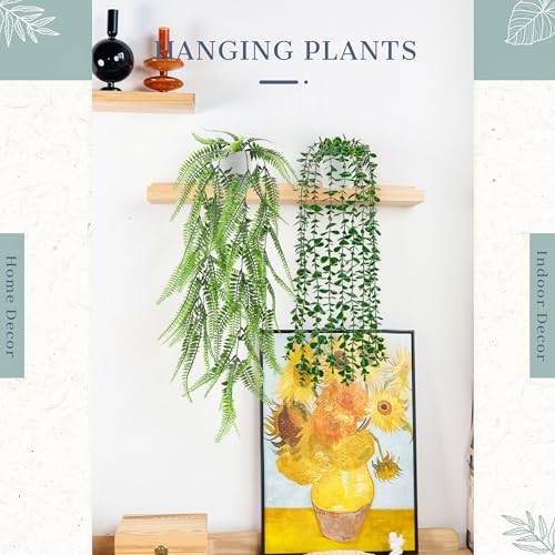 Der Rose 4Pcs Fake Plants Hanging Artificial Ivy Vine Faux Eucalyptus Hanging Plants, Boston Fern, String of Pearls for Living Room Bedroom Boho Wall Shelf Indoor Outdoor Decor (White Pots)