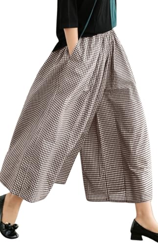 Image of chouyatou Women's Cotton Linen Pants Elastic Waist Plaid Gingham Wide Leg Capri Palazzo Pants