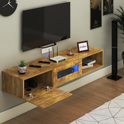Image of Anikaa Strix Wall Mount Modern Floating TV Unit for Living Room with 3 Storage Cabinet & Blue LED Light (Ideal for 32 to 55 inch TV, DIY Installation, Gaintwood Finish)