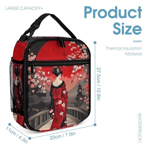 Japanese Geisha Under The Blood Moon Travel Backpack Lunch Box Pencil Case 3Pcs Set for Men Women Office Outing University4