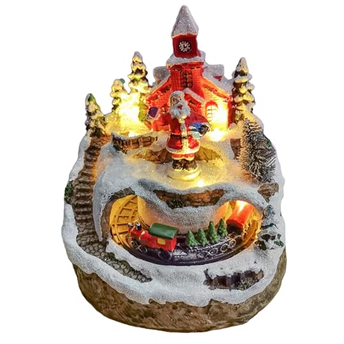 Oneshlee Aldeia natalícia com iluminação, decoração de Natal com música, casa de Natal iluminada em resina, vila de inverno com comboio, cidade de Natal funciona a pilhas ou USB, casas de cidade
