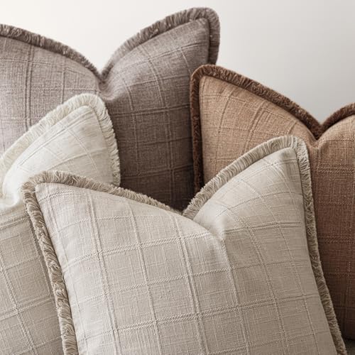 Image of Foindtower Set of 2 Decorative Linen Check Fringe Throw Pillow Covers Farmhouse Vintage Cushion Covers Modern Boho Home Decor for Sofa Chair Couch Bedroom Living Room,18x18 Inch,Tan Taupe