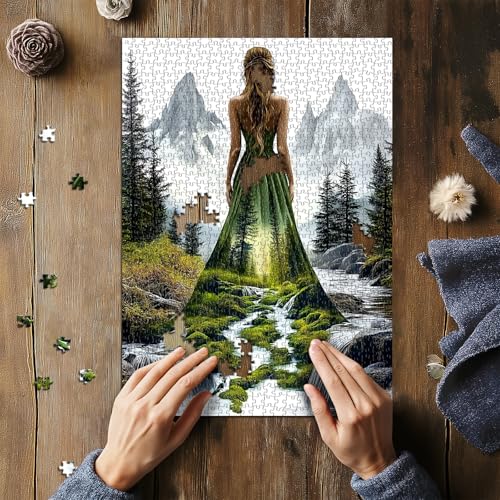 Rompecabezas para adultos de 1000 piezas: Mujer en paisaje boscoso, escena montañosa y fluvial, rompecabezas de naturaleza con temática femenina miniatura 5