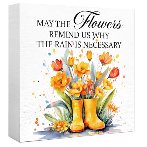 Spring Themed Wooden Box Sign, May The Flowers Wood Block Sign for Home Kitchen Garden Decor Tiered Tray Desk Shelf Tabletop Decor 5 X 5 Inches