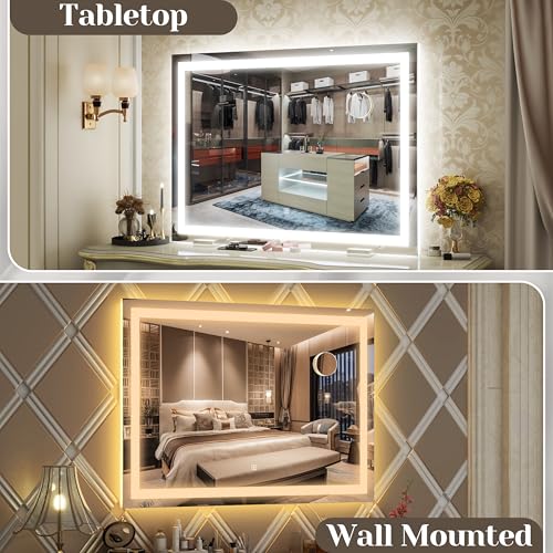 FENNIO Large Vanity Mirror with Lights,38" x 28" LED Makeup Mirror,Hollywood Mirror with 3 Color Modes & Adjustable Brightness,Vanity Mirror Square White