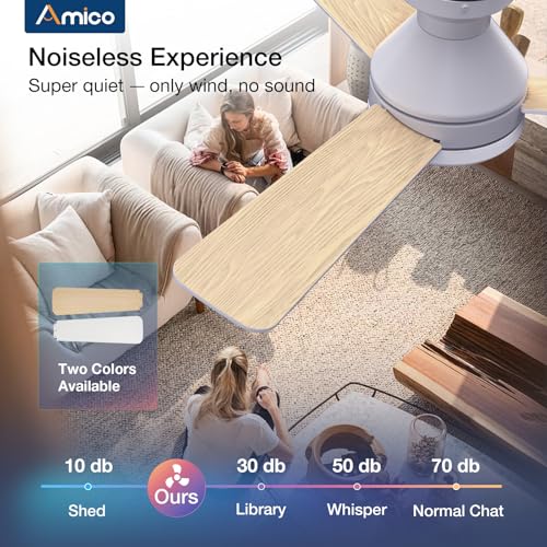Image of Amico Ceiling Fans with Lights, 42 inch Low Profile Ceiling Fan with Light and Remote Control, Flush Mount, Reversible, 3CCT, Dimmable, Noiseless, White Ceiling Fan for Bedroom, Indoor /Outdoor Use