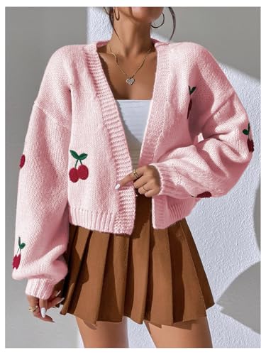 Image of GORGLITTER Women's Cherry Cropped Cardigan Sweaters Open Front Long Sleeve Cute Chunky Knit Short Cardigan Trendy