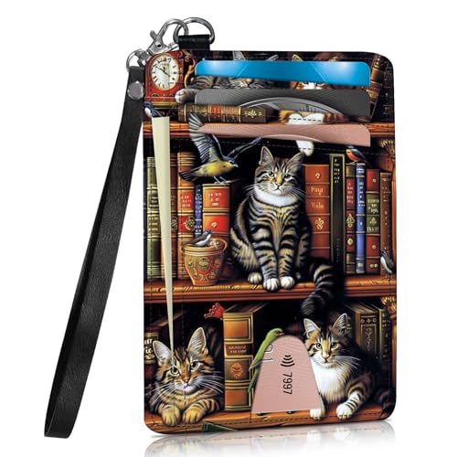 Credit Card Holder Slim Wallet with Wristlet Lanyard,Leather Front Pocket Purse RFID Blocking Wallet Card Case with ID Window for Women & Men-Vintage Bookshelf Cat