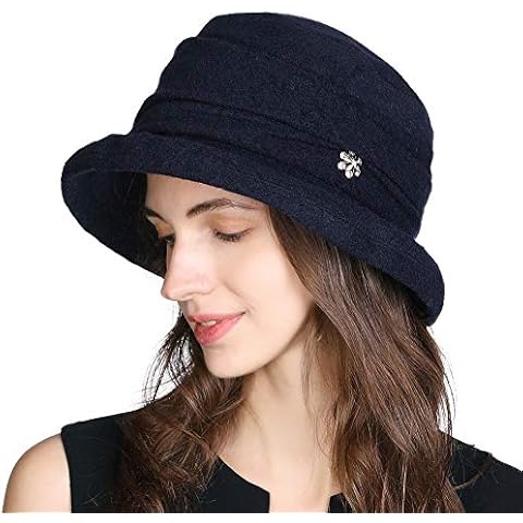 Comhats Winter Cloche Bucket Hat for Women Wool Elegant Dress 1920s Vintage Fedora Bowler Church Derby Party Ladies Medium Navy Blue Cover