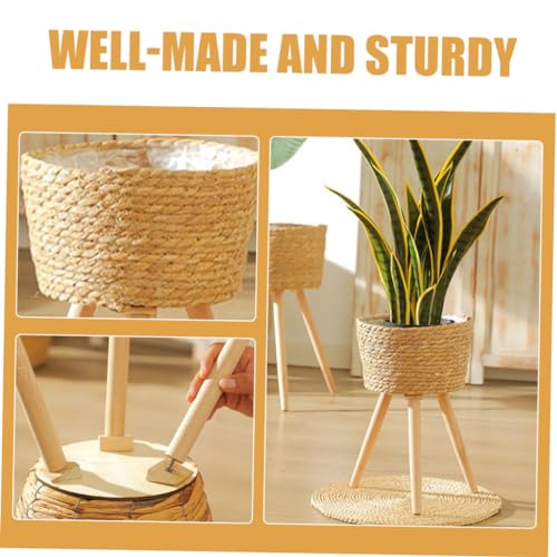 FUNOMOCYA Floor Planter Woven Wicker Basket Flower Stand Indoor Plant Base Simple Rattan Plant Stand Wooden Flower Stool - Image 2